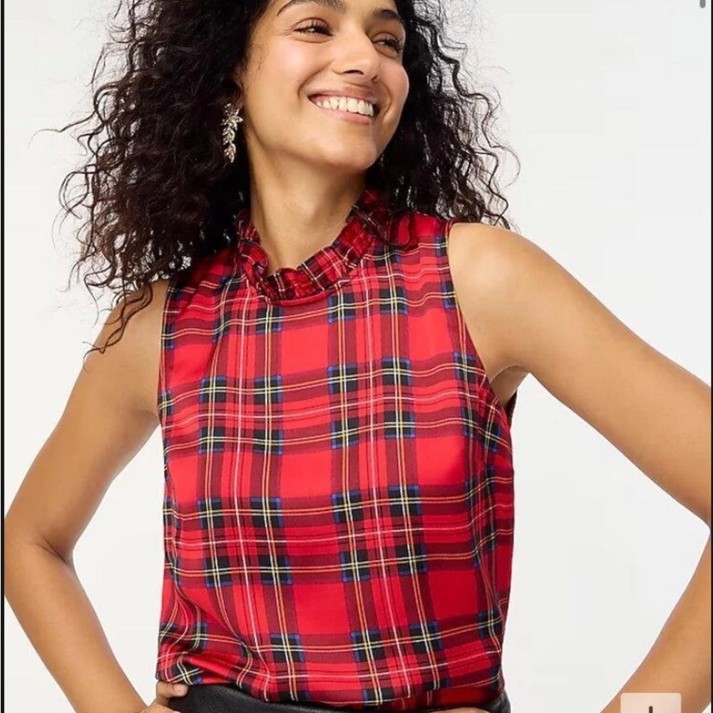 J.Crew Red Tartan Plaid Sleeveless Blouse Bow Neck Size XL Christmas Plaid